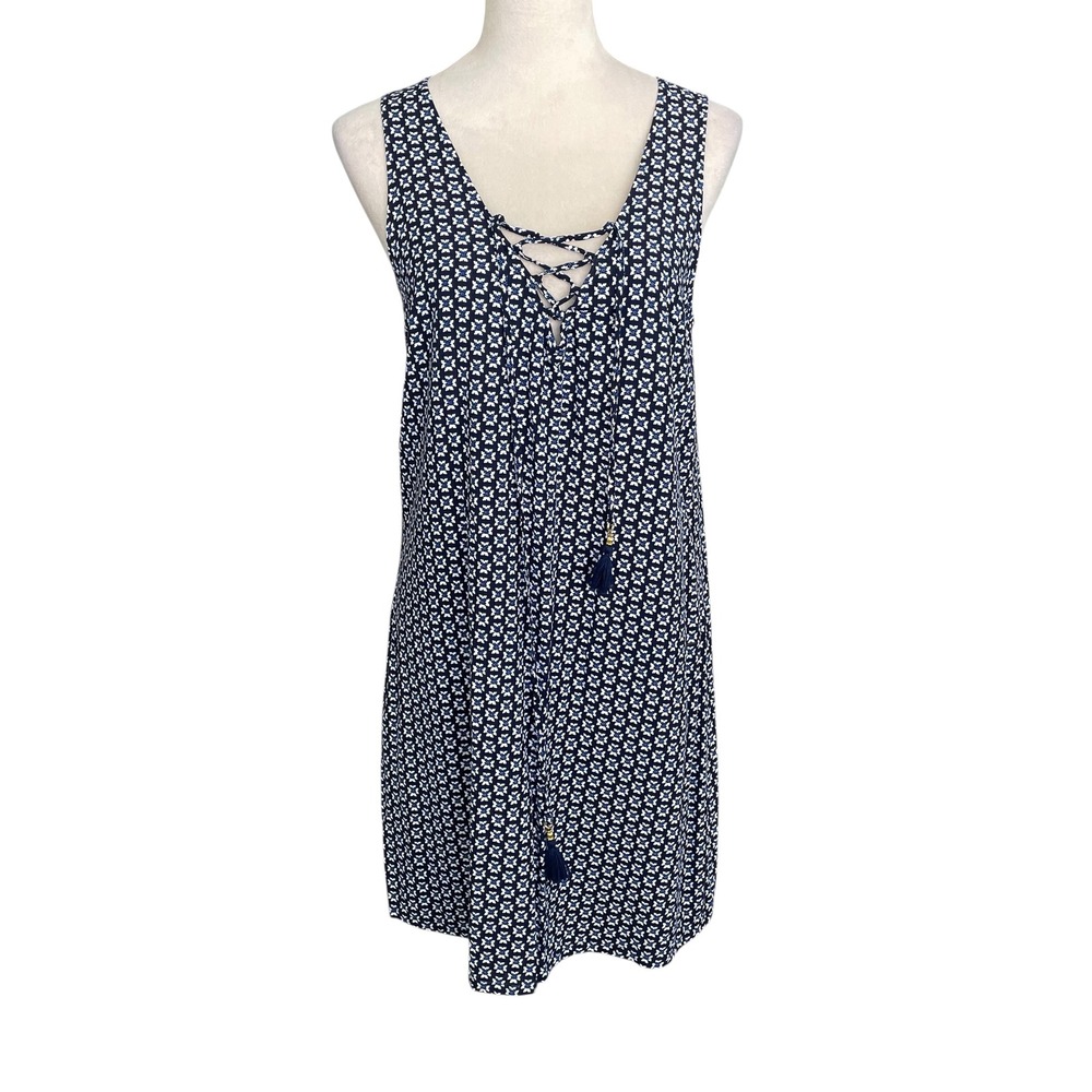 Tommy Bahama Floral Lace Up Tassel Dress Size L Resort Coastal Nautical Beachy